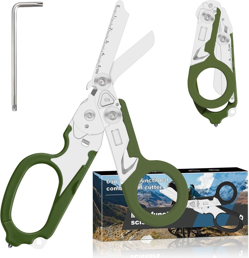 Lemasa 6 in 1 heavy-duty/trauma shears, Folding Retractable Emergency Shears, Outdoor Camping Tools, Seat Belt Cutter, Oxygen Cylinder Wrench, Complimentary Adjustable Wrench (army green) - Image 1